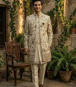 Ivory thread and sequins embroidered indowestern