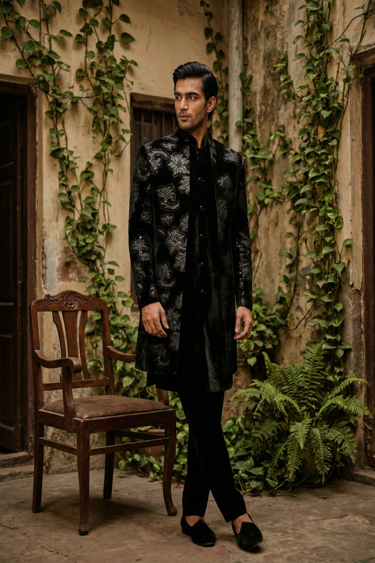 Black sequins embroidered and patch work indowestern