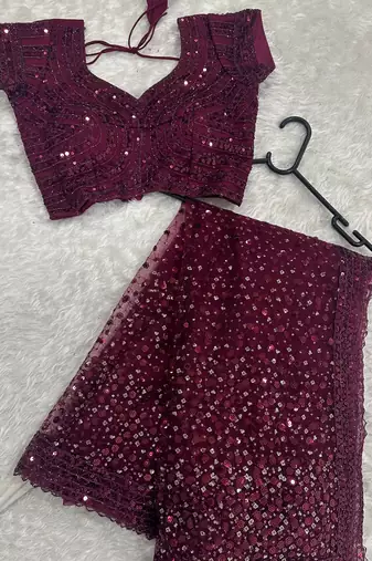 Glamourous wine sequins net festival wear saree with blouse