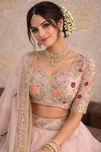 Light Peach Color Embroidery Sequins Work Faux Georgette Lehenga Choli Dupatta Set