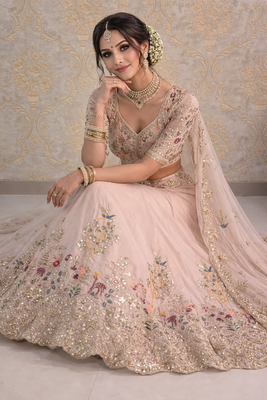 Light Peach Color Embroidery Sequins Work Faux Georgette Lehenga Choli Dupatta Set 3