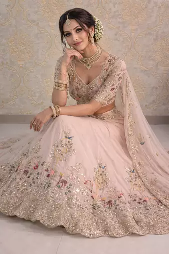 Light Peach Color Embroidery Sequins Work Faux Georgette Lehenga Choli Dupatta Set
