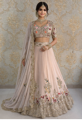 Light Peach Color Embroidery Sequins Work Faux Georgette Lehenga Choli Dupatta Set 1