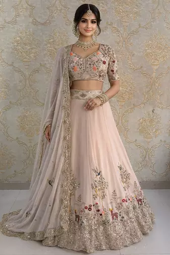 Light Peach Color Embroidery Sequins Work Faux Georgette Lehenga Choli Dupatta Set