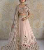 Light Peach Color Embroidery Sequins Work Faux Georgette Lehenga Choli Dupatta Set