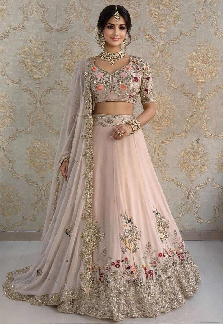 Light Peach Color Embroidery Sequins Work Faux Georgette Lehenga Choli Dupatta Set