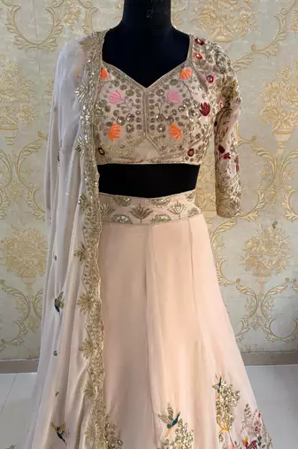 Light Peach Color Embroidery Sequins Work Faux Georgette Lehenga Choli Dupatta Set