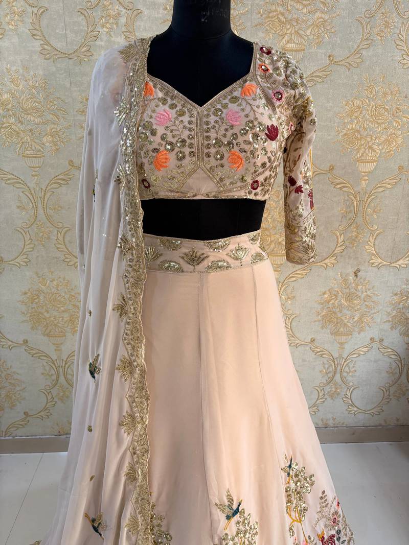 Light Peach Color Embroidery Sequins Work Faux Georgette Lehenga Choli Dupatta Set