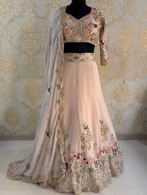 Light Peach Color Embroidery Sequins Work Faux Georgette Lehenga Choli Dupatta Set 5