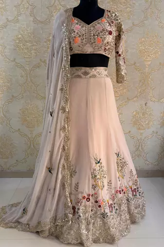 Light Peach Color Embroidery Sequins Work Faux Georgette Lehenga Choli Dupatta Set