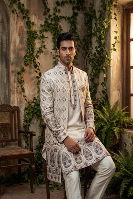 Cream thread and sequins embroidered indowestern 2