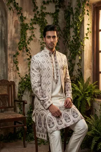 Cream thread and sequins embroidered indowestern