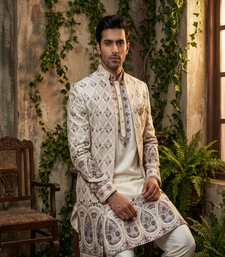 Cream thread and sequins embroidered indowestern