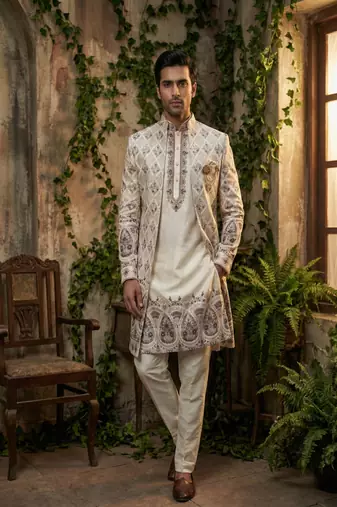 Cream thread and sequins embroidered indowestern