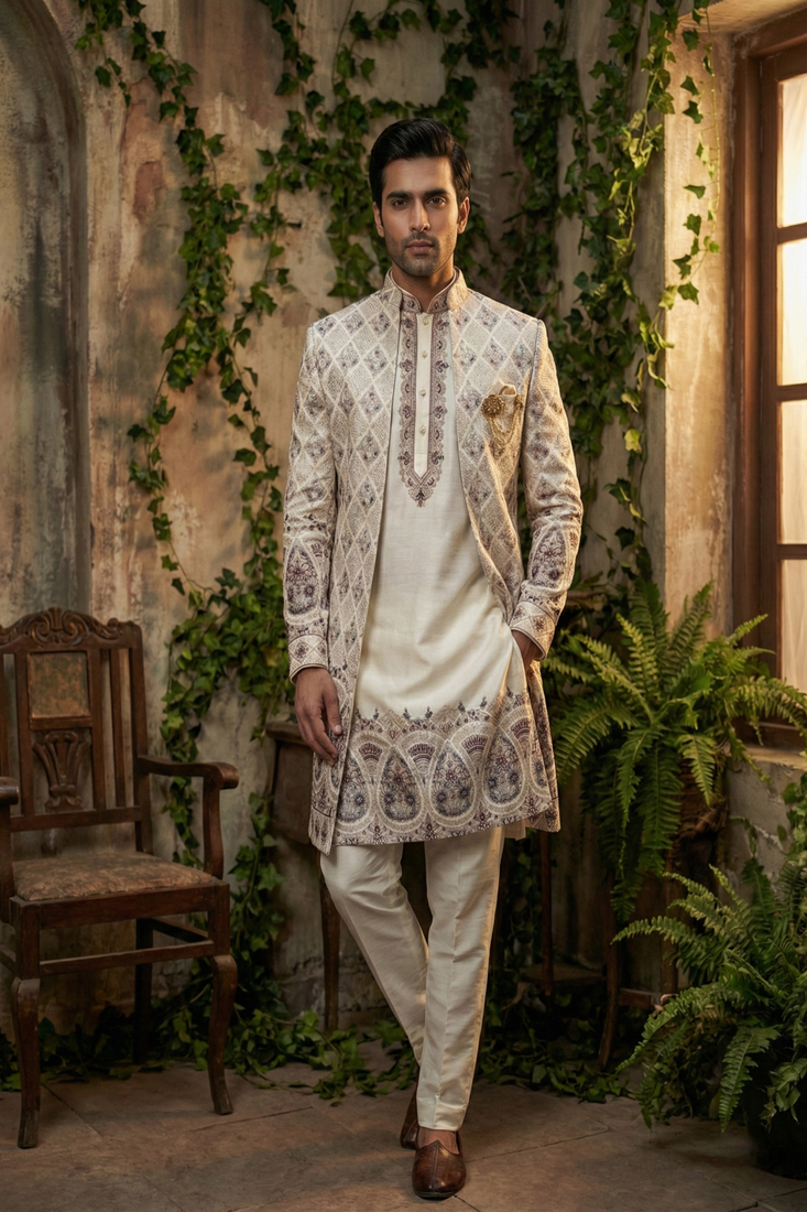 Cream thread and sequins embroidered indowestern