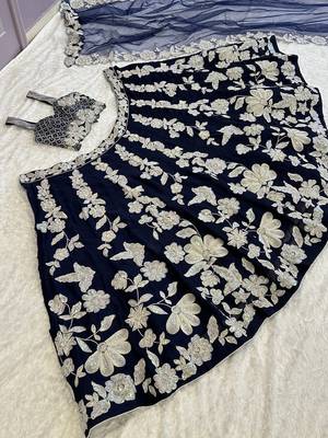 Navy Blue Floral Embroidered Lehenga Choli Set 5