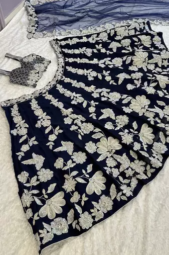 Navy Blue Floral Embroidered Lehenga Choli Set