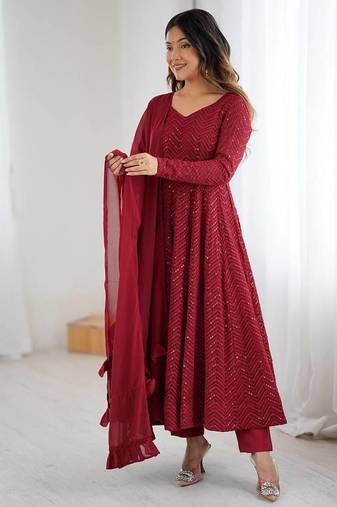 Maroon Soft Georgette Lucknowi Sequins Anarkali With 4 Mtr Flair, Stitched Pant And Ruffle Dupatta Set