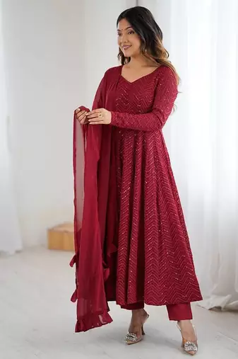 Maroon Soft Georgette Lucknowi Sequins Anarkali With 4 Mtr Flair, Stitched Pant And Ruffle Dupatta Set