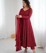 Maroon Soft Georgette Lucknowi Sequins Anarkali With 4 Mtr Flair, Stitched Pant And Ruffle Dupatta Set
