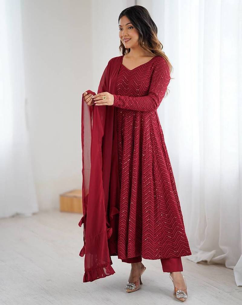 Maroon Soft Georgette Lucknowi Sequins Anarkali With 4 Mtr Flair, Stitched Pant And Ruffle Dupatta Set