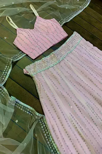 Blush Pink Embroidered Lehenga Set with Sheer Dupatta