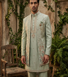 Light green thread and sequins embroidered indowestern