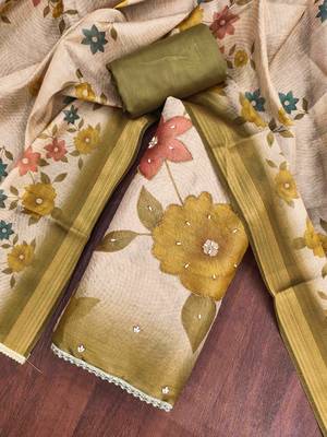 Beige cotton silk embellished unstitched dress material 1