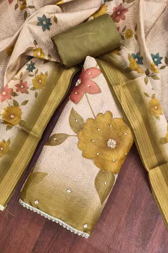 Beige cotton silk embellished unstitched dress material