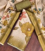 Beige cotton silk embellished unstitched dress material