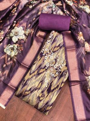 Purple cotton silk embellished unstitched dress material 1
