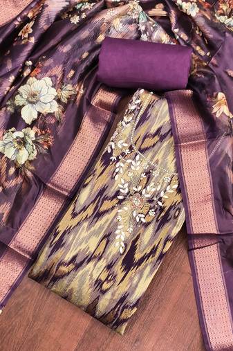 Purple cotton silk embellished unstitched dress material