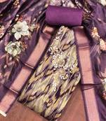 Purple cotton silk embellished unstitched dress material