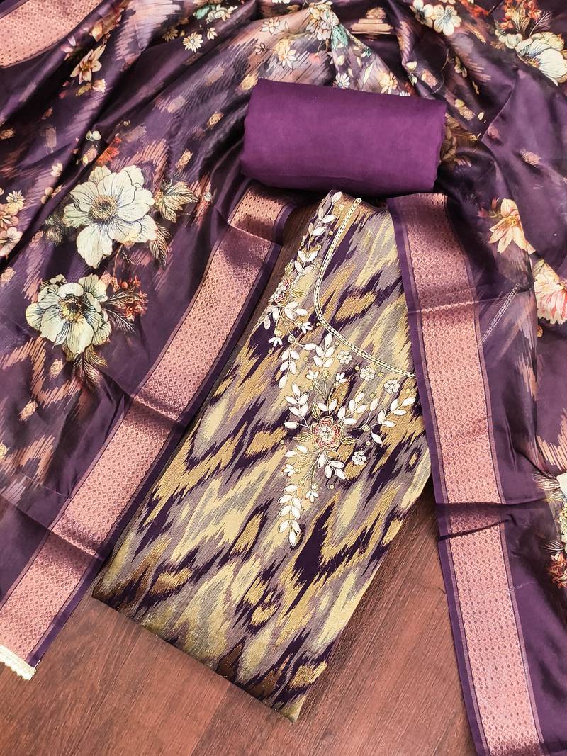 Purple cotton silk embellished unstitched dress material