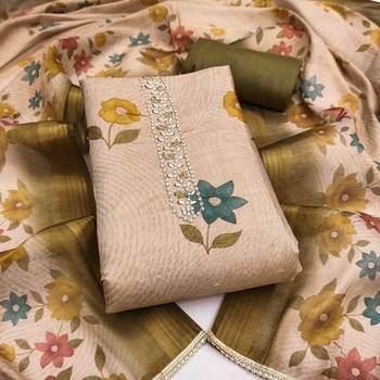 Beige cotton silk embellished unstitched dress material 2