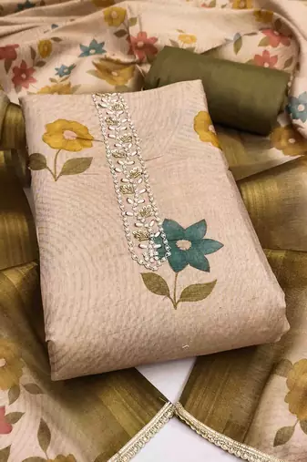 Beige cotton silk embellished unstitched dress material