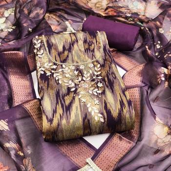 Purple cotton silk embellished unstitched dress material 2