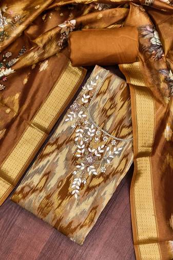Mustard cotton silk embellished unstitched dress material