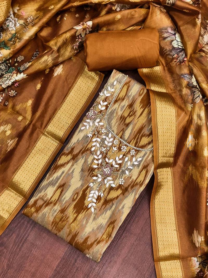 Mustard cotton silk embellished unstitched dress material