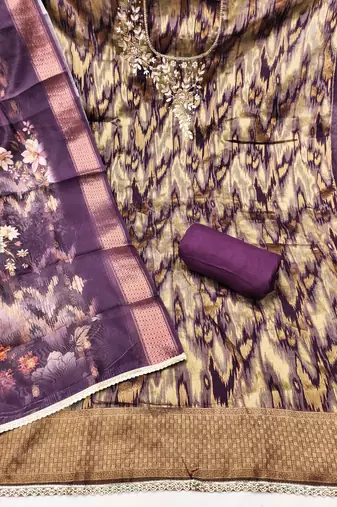 Purple cotton silk embellished unstitched dress material