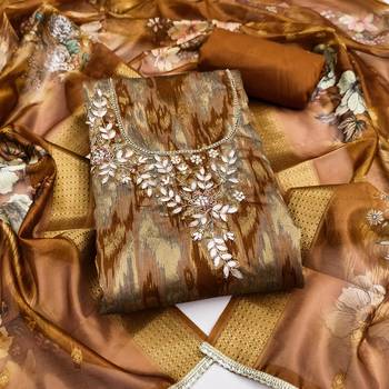 Mustard cotton silk embellished unstitched dress material 2