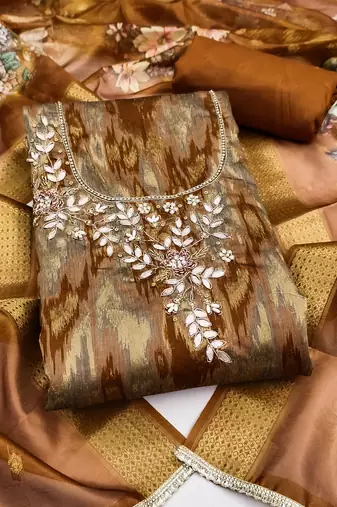 Mustard cotton silk embellished unstitched dress material