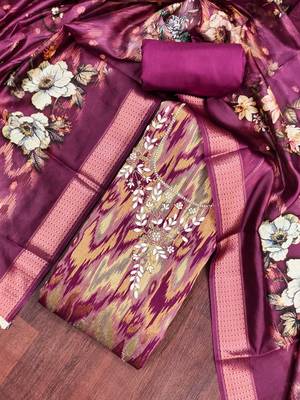 Wine cotton silk embellished unstitched dress material 1