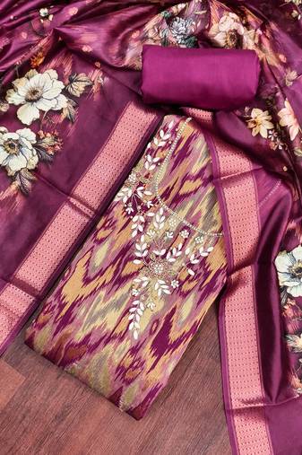 Wine cotton silk embellished unstitched dress material