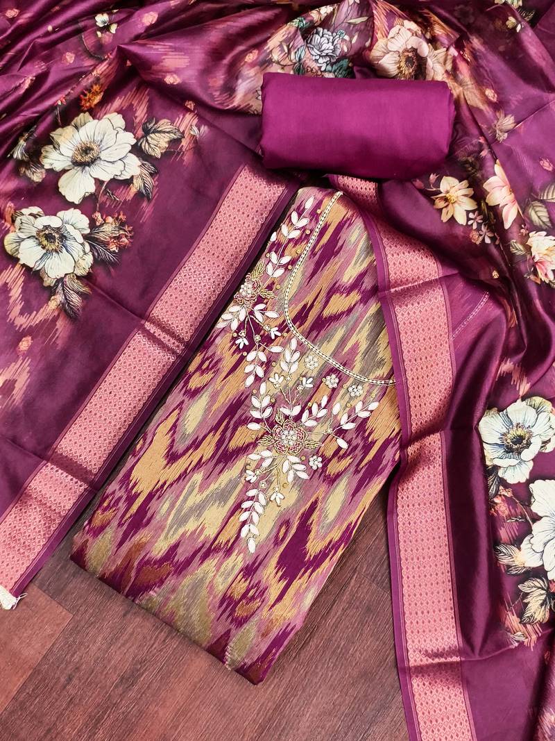 Wine cotton silk embellished unstitched dress material