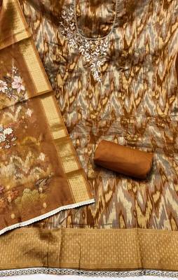 Mustard cotton silk embellished unstitched dress material 3