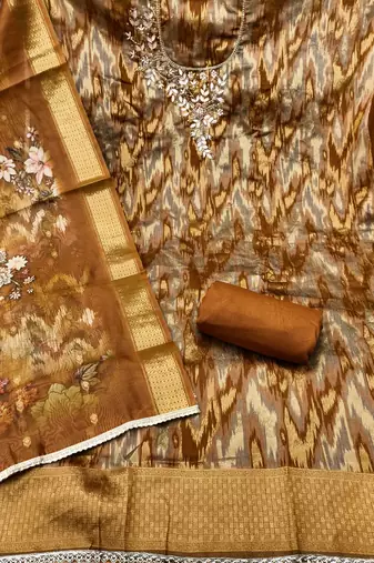 Mustard cotton silk embellished unstitched dress material