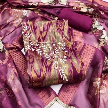 Wine cotton silk embellished unstitched dress material 2
