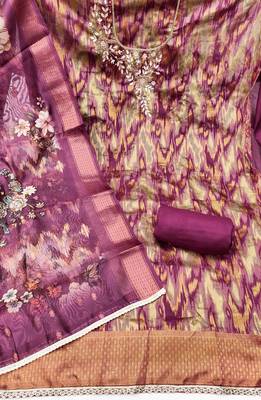 Wine cotton silk embellished unstitched dress material 3