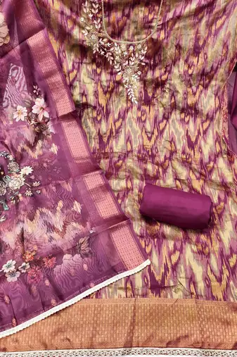 Wine cotton silk embellished unstitched dress material